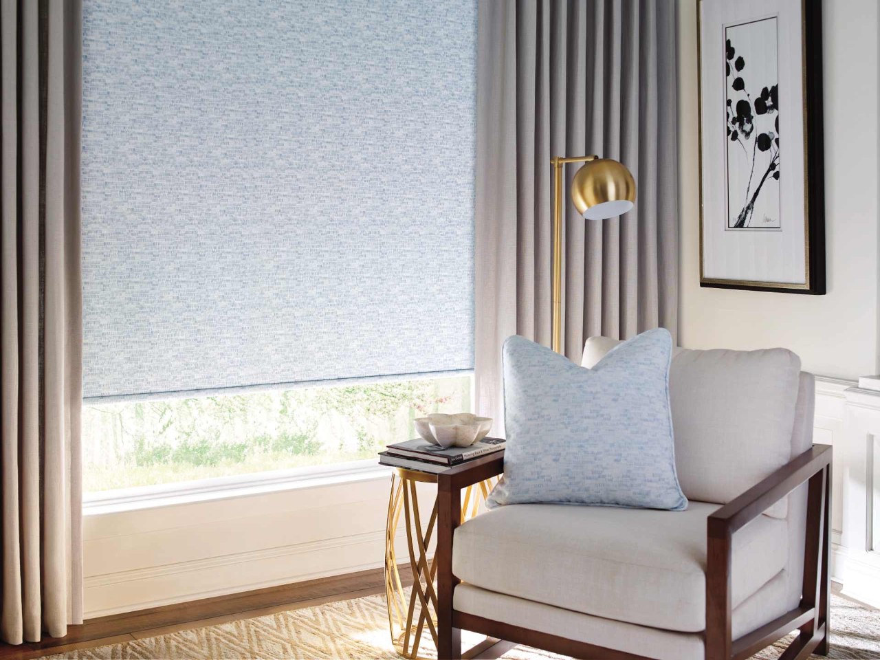 Hunter Douglas Design Studio™ Roller Shades in a bright living room near Sacramento, California (CA)