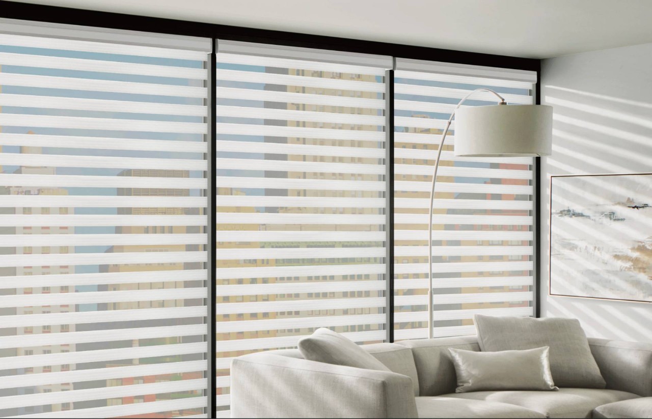 Hunter Douglas Designer Banded Shades on a large living room window at Rico's Window Coverings & Film near Sacramento California (CA)