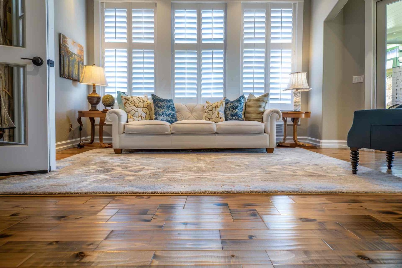 A living room with large wood or composite interior shutters at Rico's Window Coverings & Film near Sacramento California (CA)